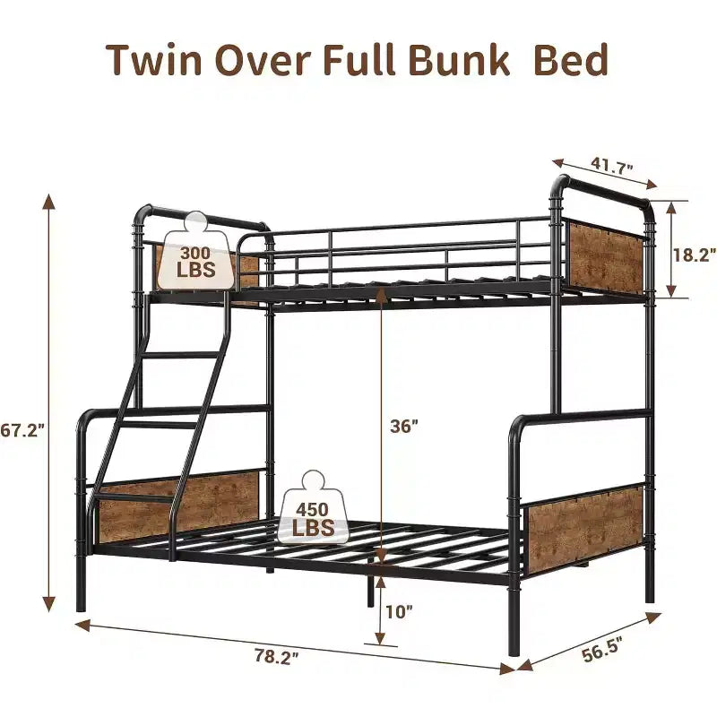Twin Over Full Metal Bunk Bed with Angled Ladder & High Guardrail, Vintage Brown