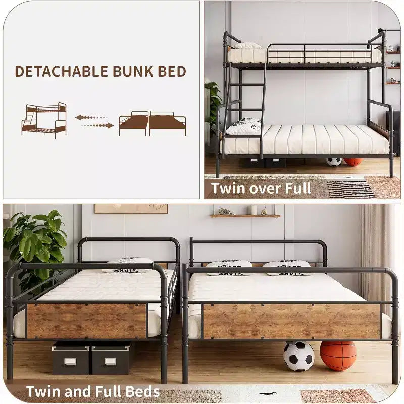 Twin Over Full Metal Bunk Bed with Angled Ladder & High Guardrail, Vintage Brown