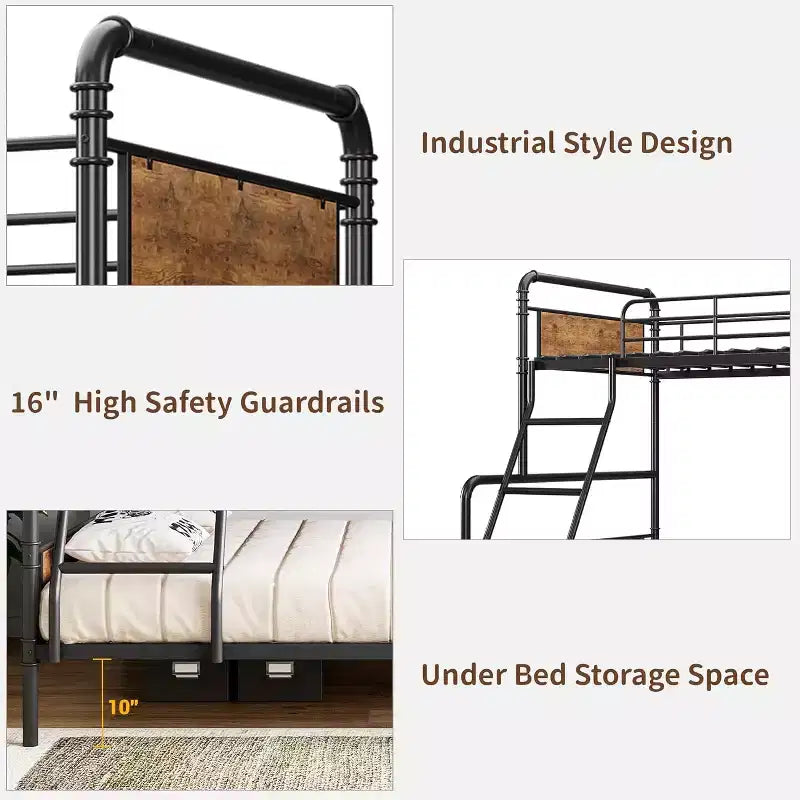 Twin Over Full Metal Bunk Bed with Angled Ladder & High Guardrail, Vintage Brown
