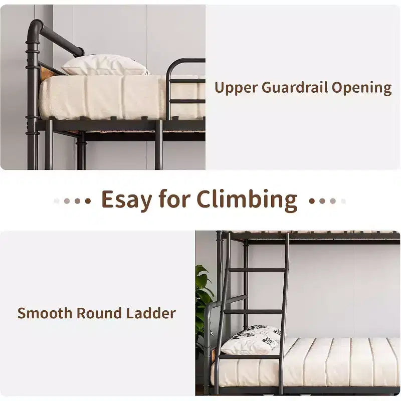 Twin Over Full Metal Bunk Bed with Angled Ladder & High Guardrail, Vintage Brown