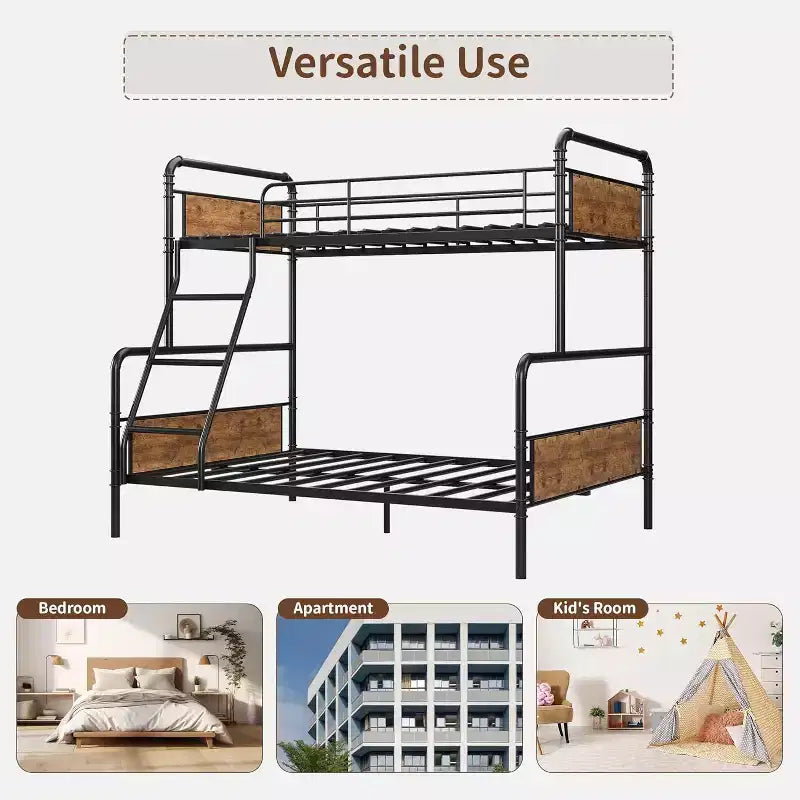 Twin Over Full Metal Bunk Bed with Angled Ladder & High Guardrail, Vintage Brown