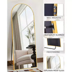 58"x18" Arched Full Body Mirror, Gold Frame, Freestanding or Wall Mounted