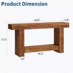 63" Farmhouse Console Table with 2-Tier Storage, Wood Grain, Brown