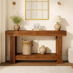 63" Farmhouse Console Table with 2-Tier Storage, Wood Grain, Brown