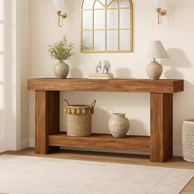 63" Farmhouse Console Table with 2-Tier Storage, Wood Grain, Brown
