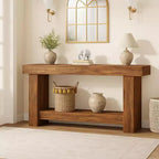63" Farmhouse Console Table with 2-Tier Storage, Wood Grain, Brown