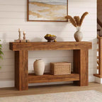 63" Farmhouse Console Table with 2-Tier Storage, Wood Grain, Brown