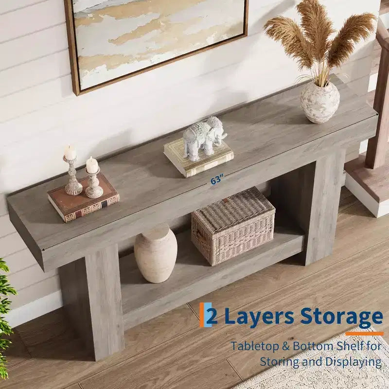 63" Farmhouse Console Table with 2-Tier Storage, Wood Grain, Brown