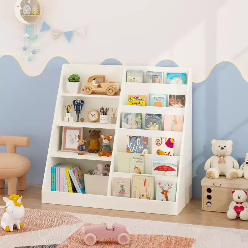 4-Tier Kids Bookshelf & Toy Storage Organizer with Fabric Bin, MDF