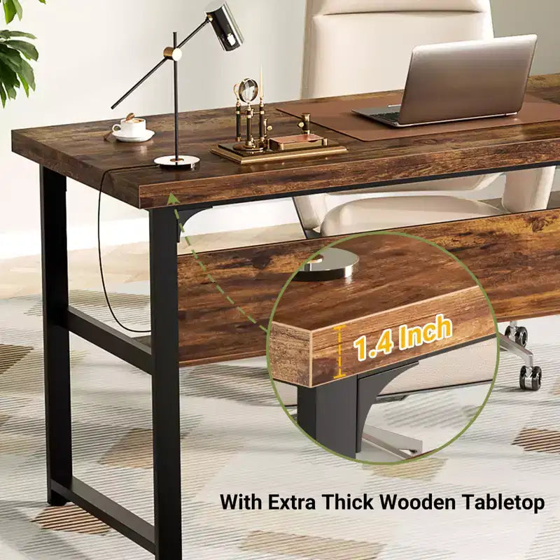 53" Computer Desk with Built-In Charging Station, 3 AC Outlets & 2 USB Ports
