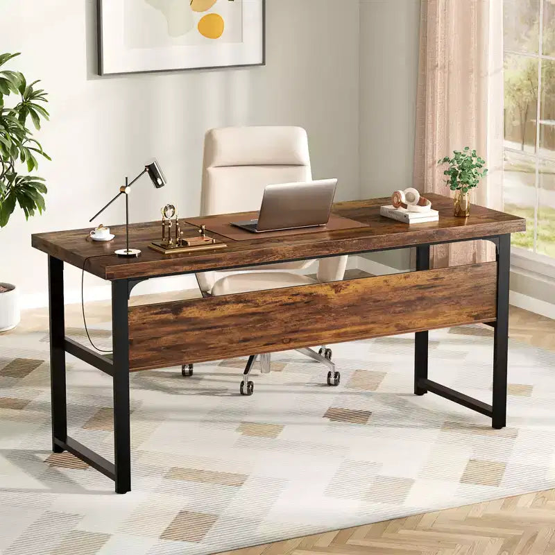 53" Computer Desk with Built-In Charging Station, 3 AC Outlets & 2 USB Ports
