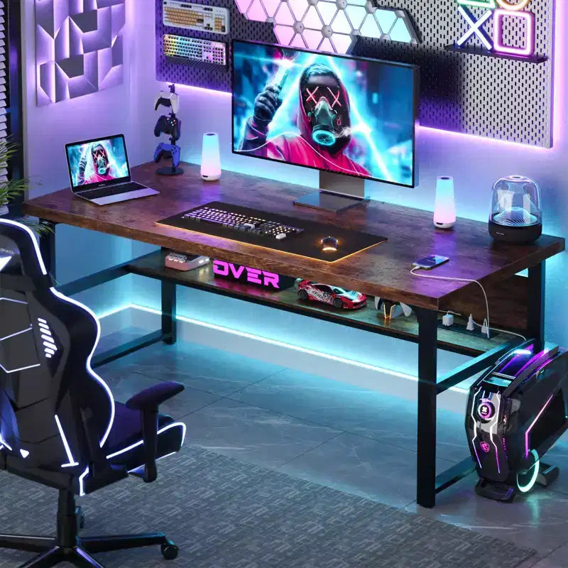53" Computer Desk with Built-In Charging Station, 3 AC Outlets & 2 USB Ports