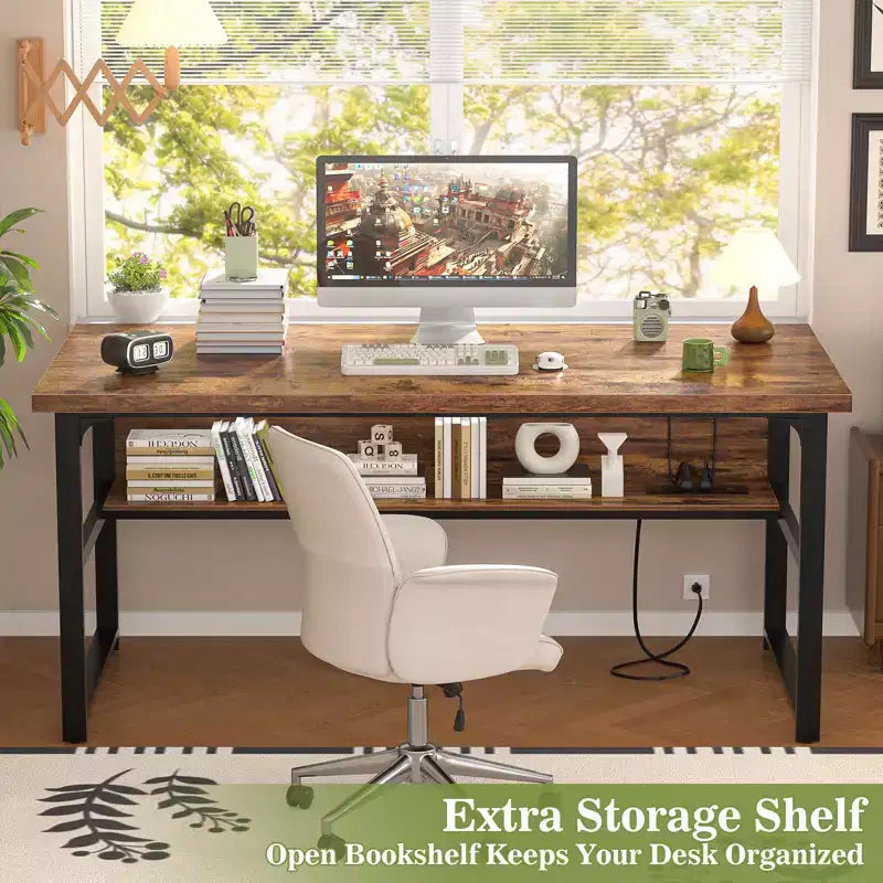 53" Computer Desk with Built-In Charging Station, 3 AC Outlets & 2 USB Ports