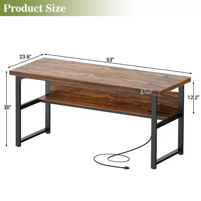 53" Computer Desk with Built-In Charging Station, 3 AC Outlets & 2 USB Ports
