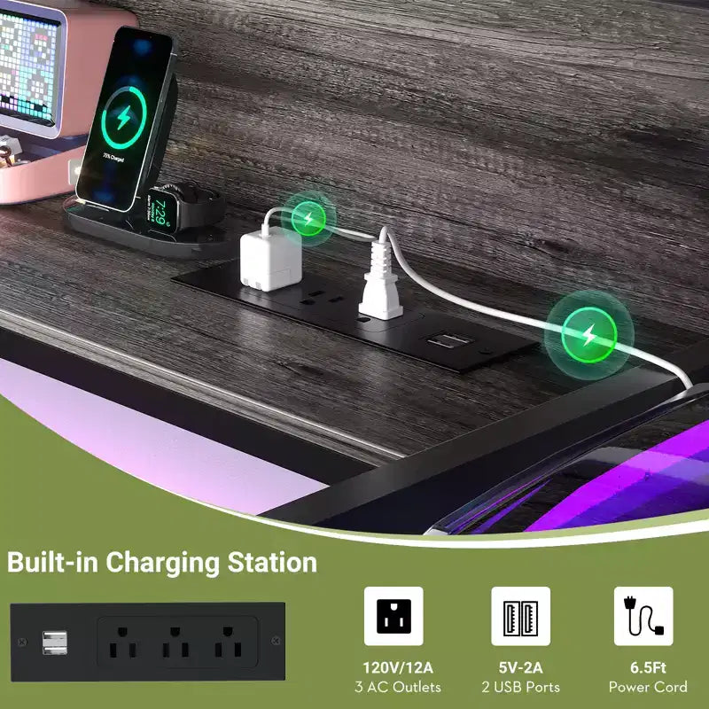 53" Computer Desk with Built-In Charging Station, 3 AC Outlets & 2 USB Ports