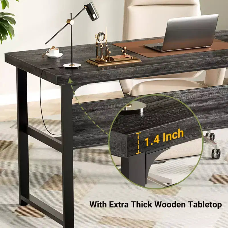 53" Computer Desk with Built-In Charging Station, 3 AC Outlets & 2 USB Ports
