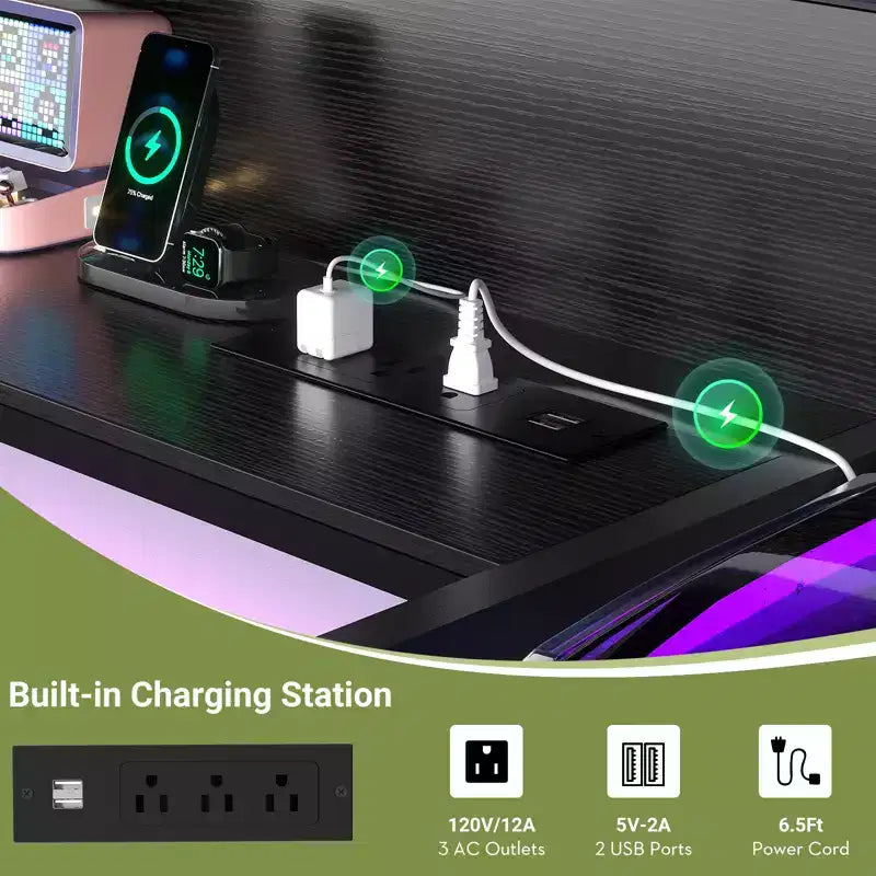 53" Computer Desk with Built-In Charging Station, 3 AC Outlets & 2 USB Ports