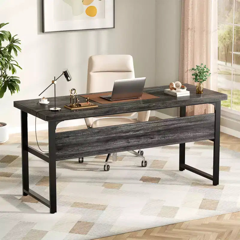 53" Computer Desk with Built-In Charging Station, 3 AC Outlets & 2 USB Ports