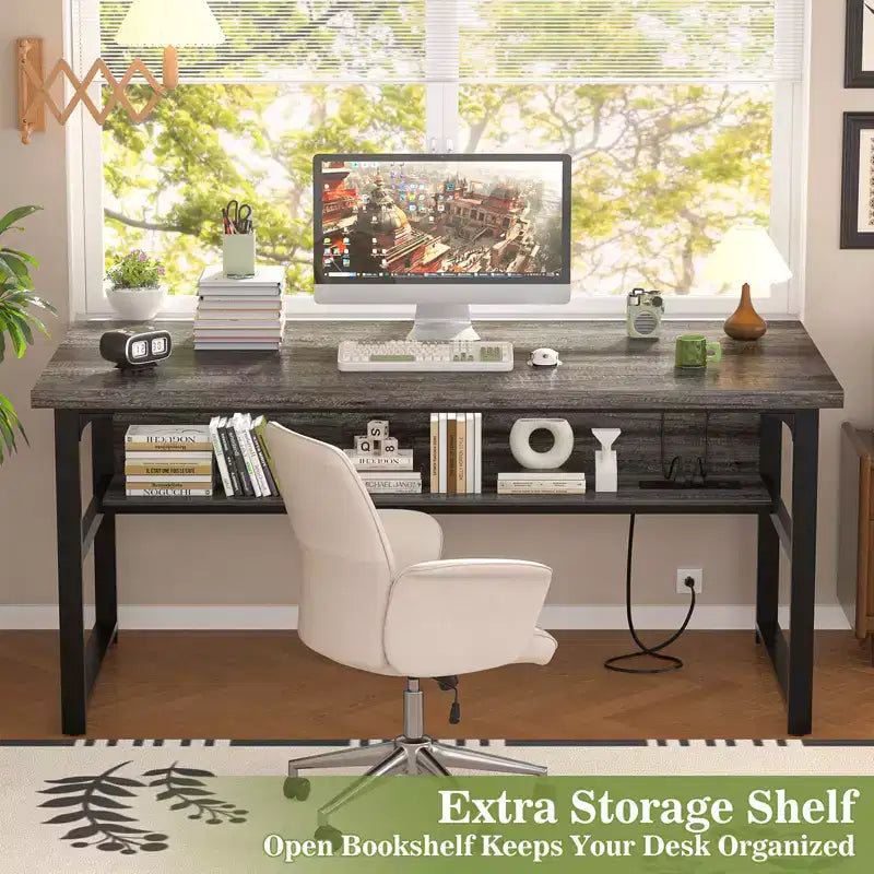 53" Computer Desk with Built-In Charging Station, 3 AC Outlets & 2 USB Ports