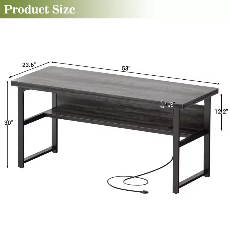 53" Computer Desk with Built-In Charging Station, 3 AC Outlets & 2 USB Ports