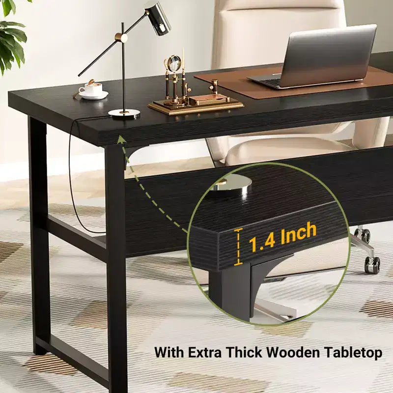 53" Computer Desk with Built-In Charging Station, 3 AC Outlets & 2 USB Ports