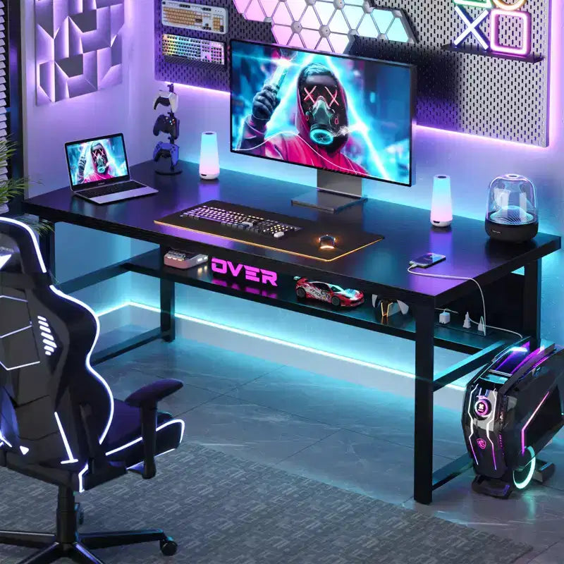 53" Computer Desk with Built-In Charging Station, 3 AC Outlets & 2 USB Ports
