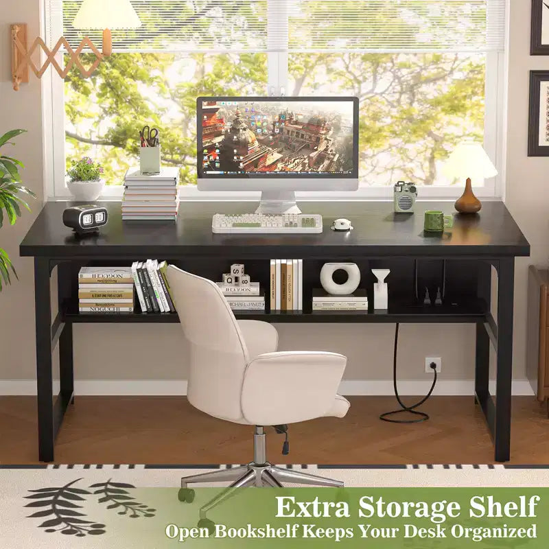 53" Computer Desk with Built-In Charging Station, 3 AC Outlets & 2 USB Ports