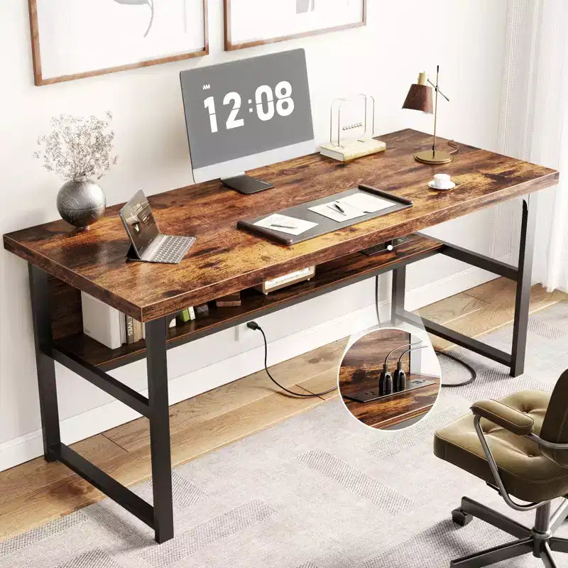 53" Computer Desk with Built-In Charging Station, 3 AC Outlets & 2 USB Ports