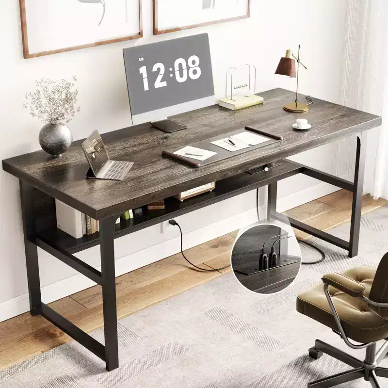53" Computer Desk with Built-In Charging Station, 3 AC Outlets & 2 USB Ports