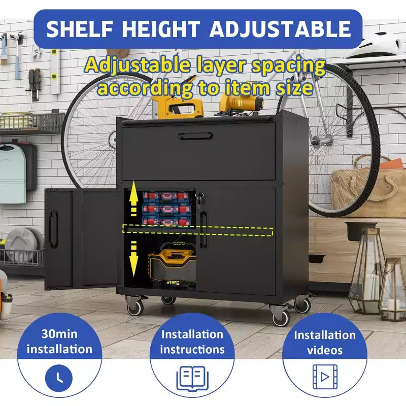 35" Rolling Steel Tool Cabinet with Locking Casters & Adjustable Shelf, Black