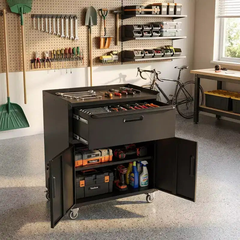 35" Rolling Steel Tool Cabinet with Locking Casters & Adjustable Shelf, Black