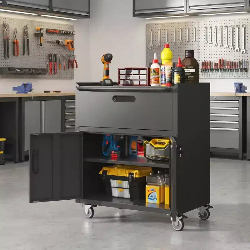 35" Rolling Steel Tool Cabinet with Locking Casters & Adjustable Shelf, Black