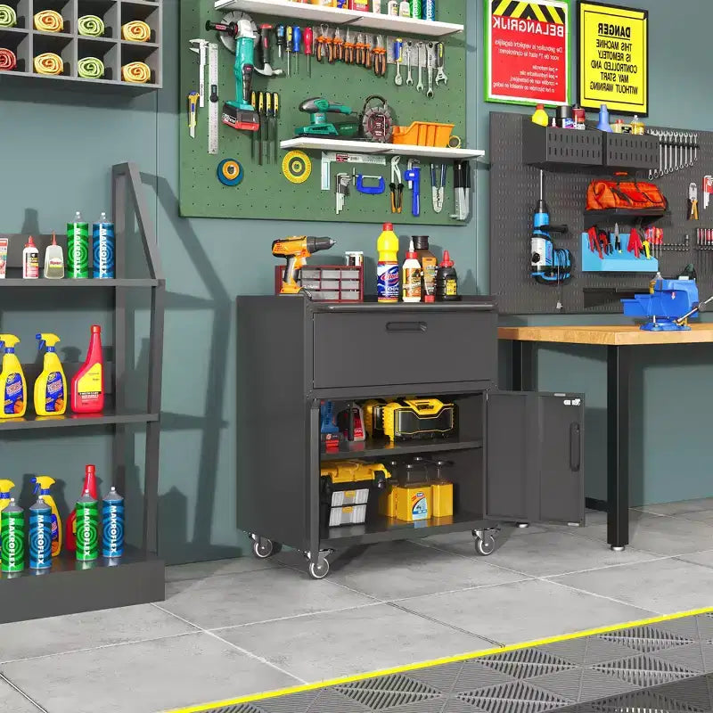 35" Rolling Steel Tool Cabinet with Locking Casters & Adjustable Shelf, Black