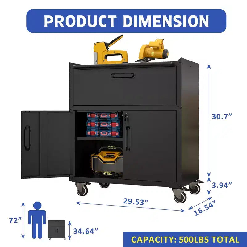 35" Rolling Steel Tool Cabinet with Locking Casters & Adjustable Shelf, Black