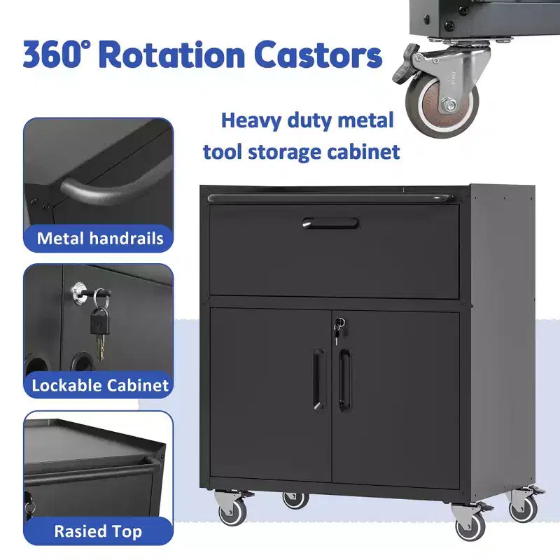 35" Rolling Steel Tool Cabinet with Locking Casters & Adjustable Shelf, Black