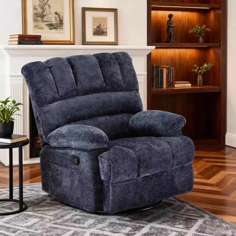 Oversized Swivel Rocker Recliner Sofa, Chenille, Blue, 350 lb Capacity