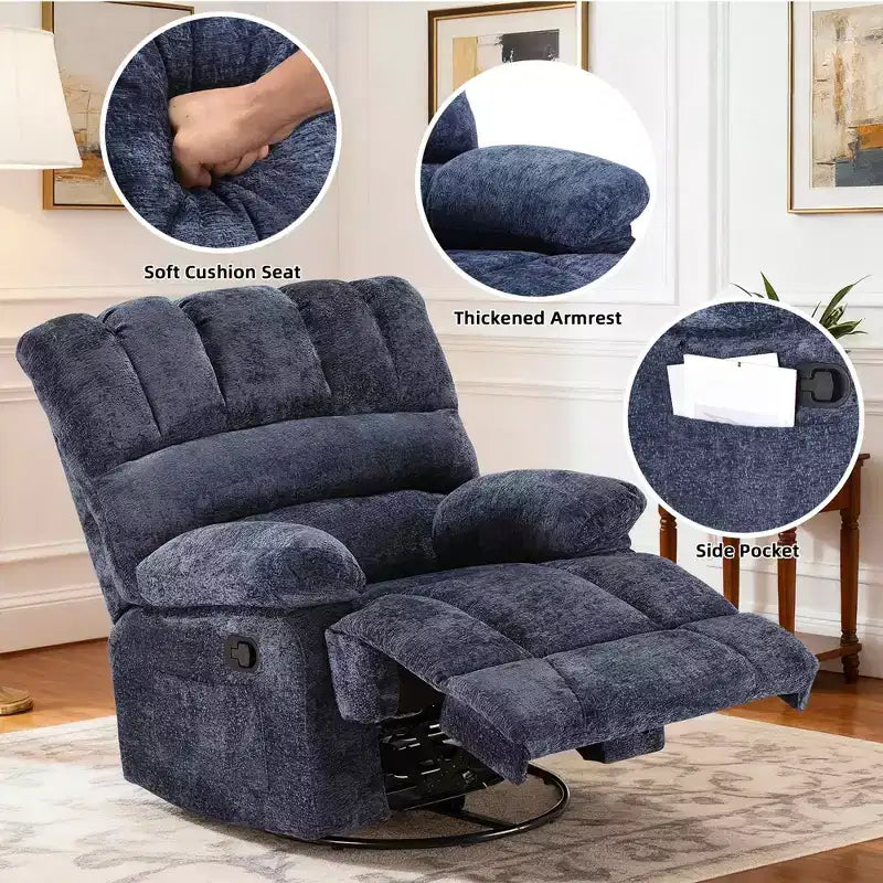 Oversized Swivel Rocker Recliner Sofa, Chenille, Blue, 350 lb Capacity