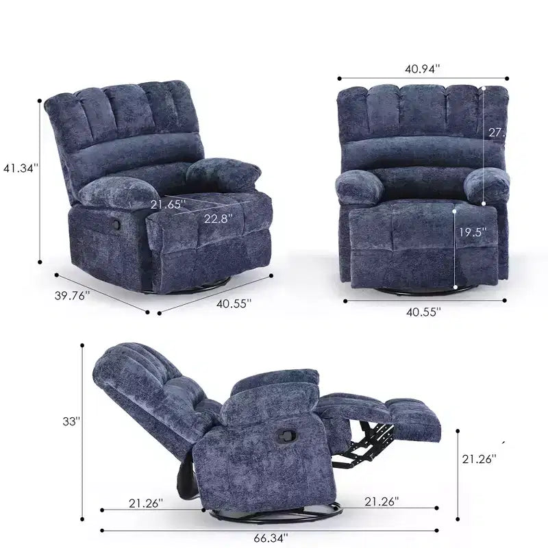 Oversized Swivel Rocker Recliner Sofa, Chenille, Blue, 350 lb Capacity