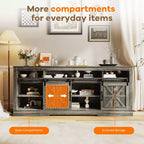 66" Farmhouse TV Console with Sliding Barn Doors, Built-In Charging Station, Fits 75" TVs
