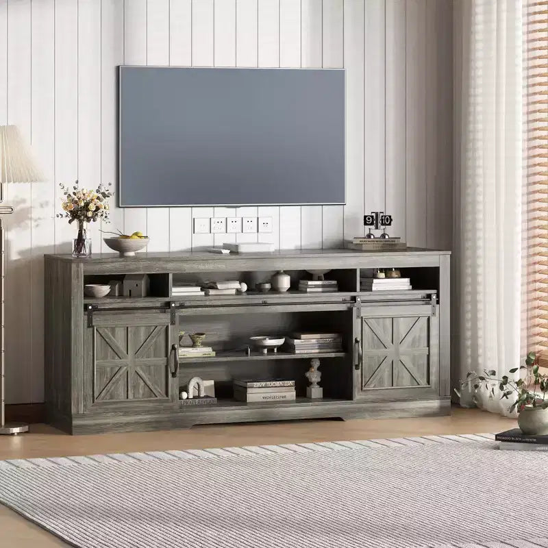 66" Farmhouse TV Console with Sliding Barn Doors, Built-In Charging Station, Fits 75" TVs