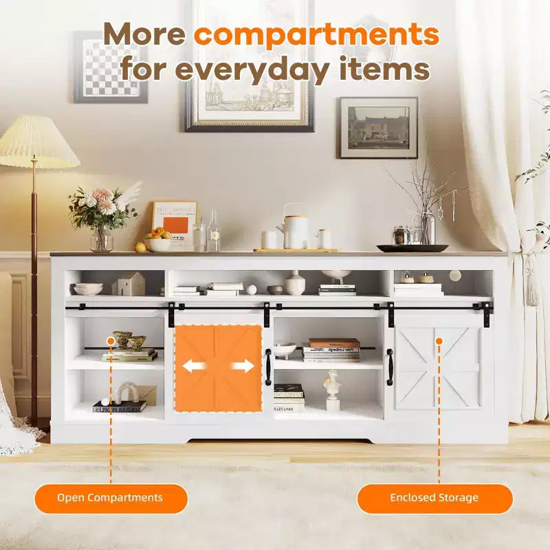 66" Farmhouse TV Console with Sliding Barn Doors, Built-In Charging Station, Fits 75" TVs