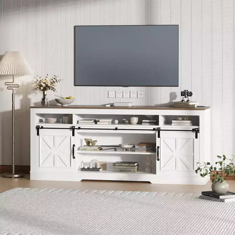 66" Farmhouse TV Console with Sliding Barn Doors, Built-In Charging Station, Fits 75" TVs