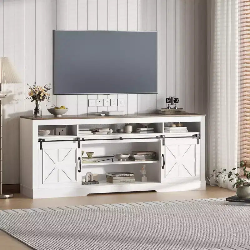 66" Farmhouse TV Console with Sliding Barn Doors, Built-In Charging Station, Fits 75" TVs