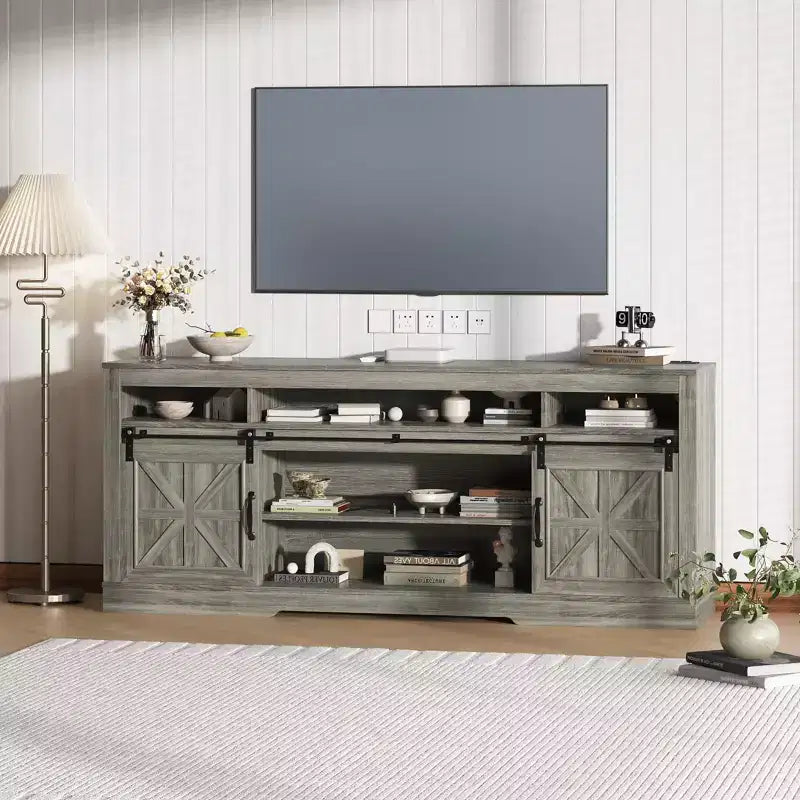 66" Farmhouse TV Console with Sliding Barn Doors, Built-In Charging Station, Fits 75" TVs