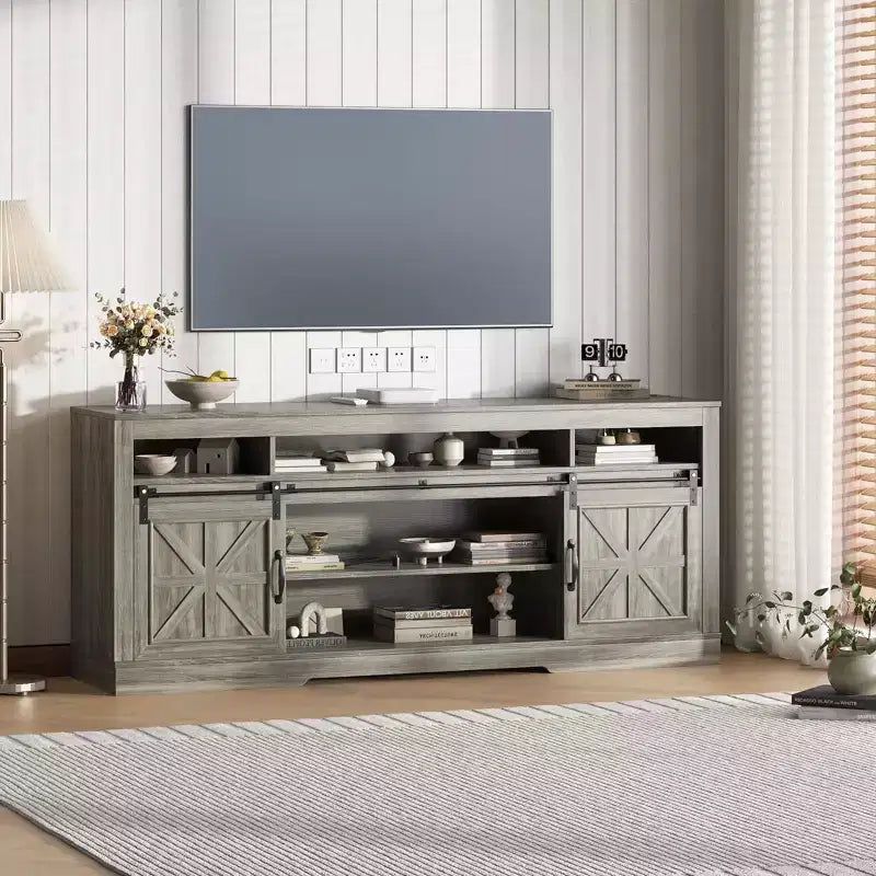 66" Farmhouse TV Console with Sliding Barn Doors, Built-In Charging Station, Fits 75" TVs