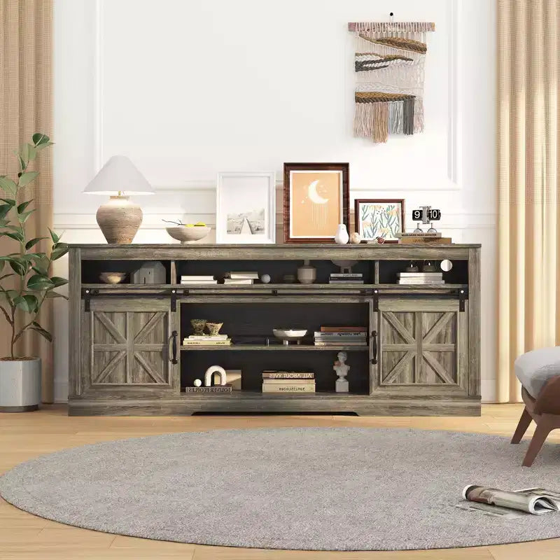 66" Farmhouse TV Console with Sliding Barn Doors, Built-In Charging Station, Fits 75" TVs