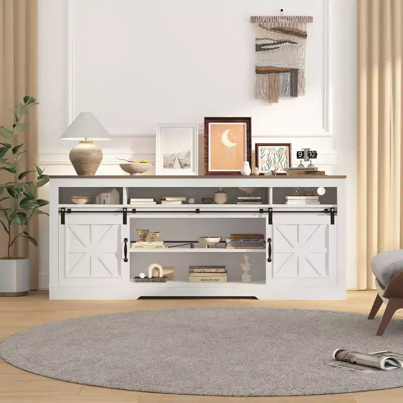 66" Farmhouse TV Console with Sliding Barn Doors, Built-In Charging Station, Fits 75" TVs