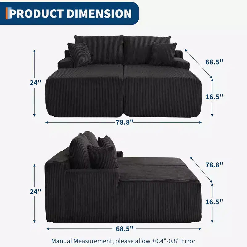 78" Oversized Corduroy Chaise Loveseat, Cloud-Like Deep Seat, No Assembly