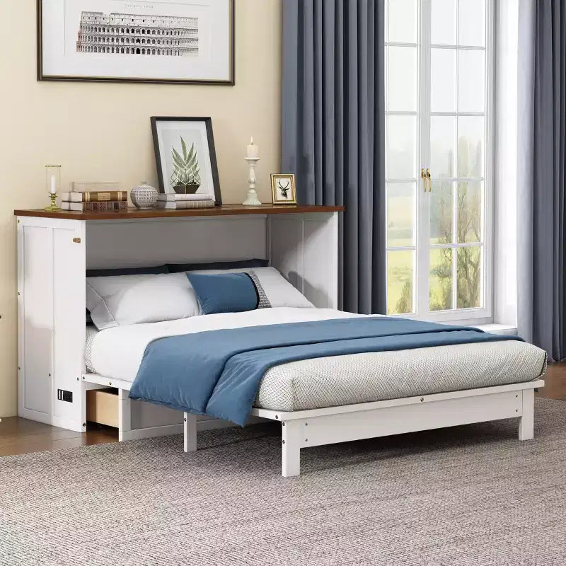 Modern Murphy Bed Chest with Charging Station & Storage Drawer