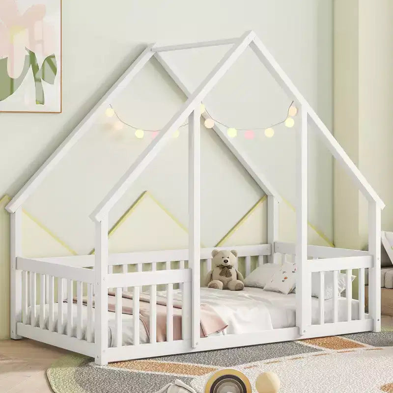 House-Shaped Kids Floor Bed with Fence & Guardrails, Pine Wood, Twin/Full